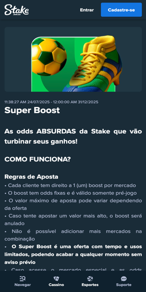 Imagem sobre a promoção Super Boost para apostas esportivas na Stake