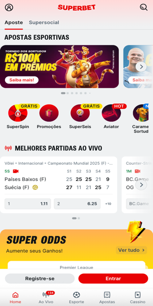 tela inicial da Superbet por meio do seu aplicativo para celular
