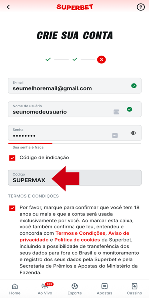 Cadastro na Superbet usando o c&oacute;digo de indica&ccedil;&atilde;o SUPERMAX