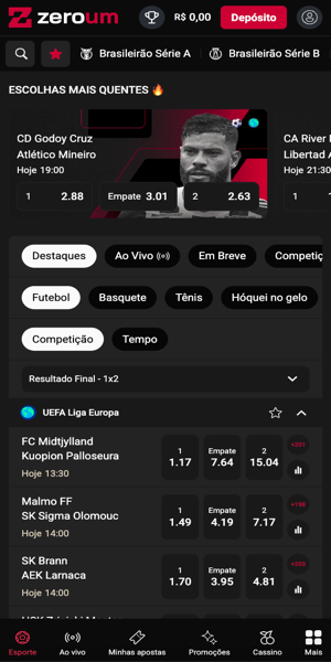 Tela com apostas esportivas na Zero Um Bet app