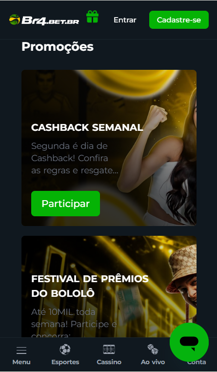 Promo&ccedil;&otilde;es de Cashback Semanal e Festival de Pr&ecirc;mios da Br4Bet