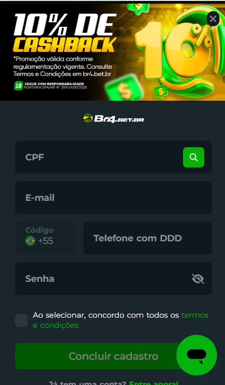 Formul&aacute;rio de cadastro da Br4Bet