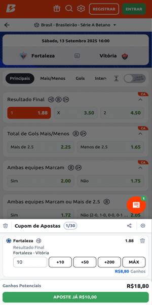 Exemplo de aposta na Betano em um jogo do Brasileir&atilde;o S&eacute;rie A