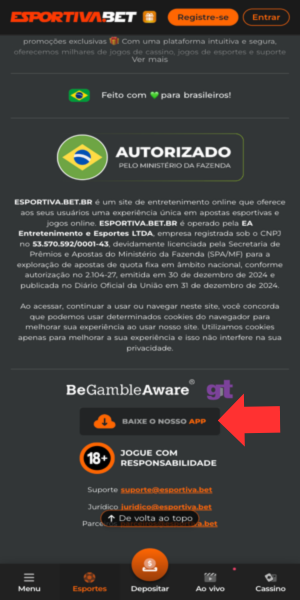 imagem com a op&ccedil;&atilde;o de baixar o arquivo APK para instalar o Esportiva Bet app no Android