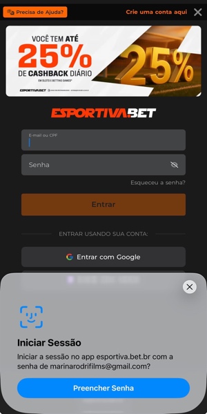 Imagem demonstrando a possibilidade de cadastrar a biometria facial para fazer login no aplicativo da Esportiva Bet