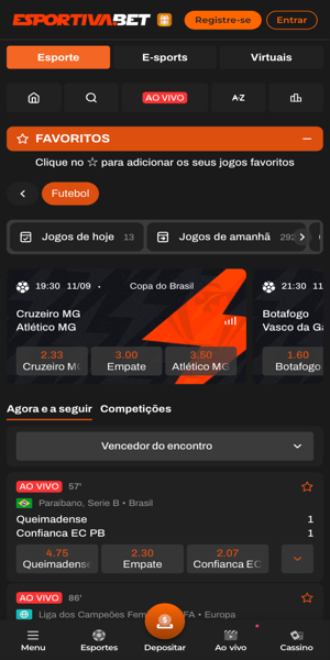 Imagem da p&aacute;gina de apostas esportivas da Esportivabet