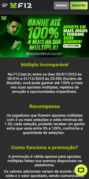Imagem da página promocional da oferta "Múltipla Incomparável" da F12 Bet