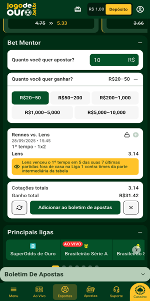 Imagem com um exemplo de uso da ferramenta Bet Mentor, dispon&iacute;vel logo na tela inicial da se&ccedil;&atilde;o "Esportes" na Jogo de Ouro