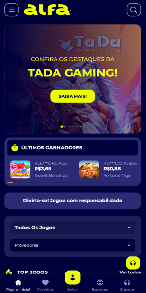 Imagem com a p&aacute;gina inicial da se&ccedil;&atilde;o de cassino online da Alfa.bet