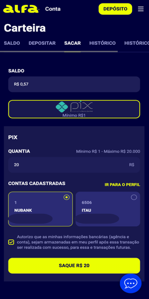 Imagem com a tela da op&ccedil;&atilde;o de saque via Pix na Alfa.bet