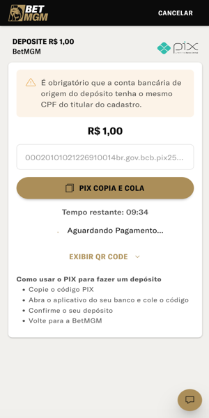 Imagem do processo de depósito via Pix na BetMGM