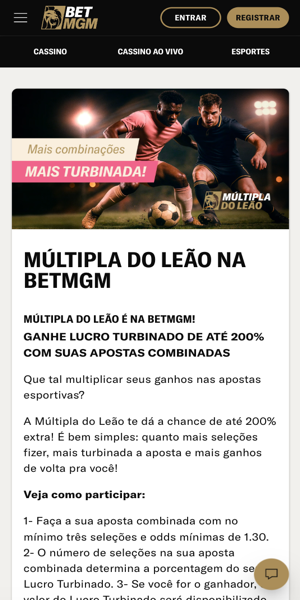 Imagem da página da promoção "Múltipla do Leão" com 200% de aumento nas odds finais das apostas combinadas