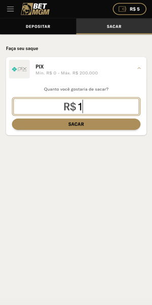 Imagem do processo de saque via Pix na BetMGM