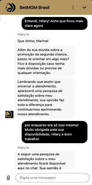 Imagem com um atendimento ao cliente em andamento após registro com o código promocional BetMGM