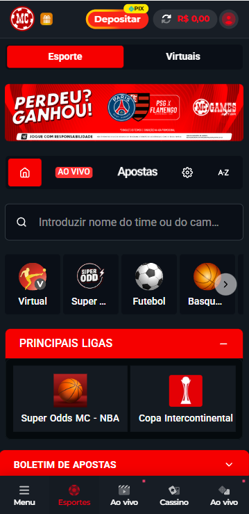 Imagem com promo&ccedil;&atilde;o de apostas e categorias de esportes na MC Games
