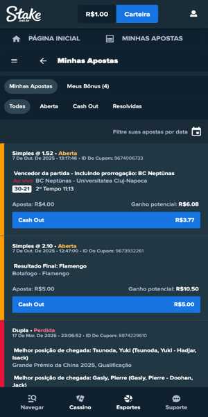 Imagem da seção "Minhas Apostas" com a disponibilidade de cash out para apostas pré-jogo e ao vivo na Stake.