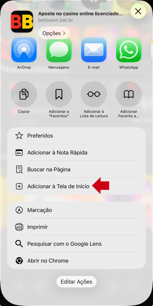Imagem com a opção de criar atalho para logar na Betboom pelo iPhone.
