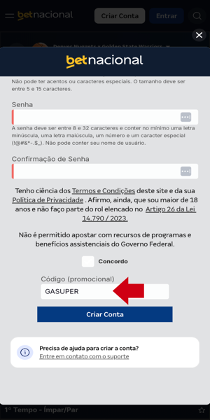 Imagem do processo de cadastro da Betnacional