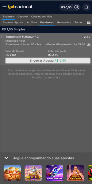 Imagem da seção de cash out da Betnacional. As apostas em aberto estarão disponíveis para reembolso até quase o fim da partida.