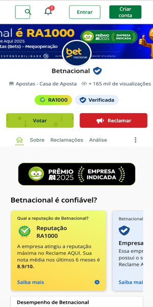 Imagem da página oficial da Betnacional no Reclame Aqui
