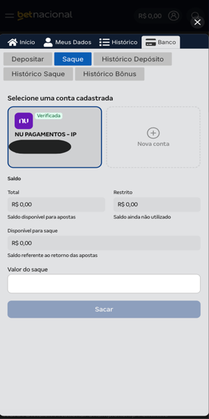 Imagem do processo de saque via Pix na Betnacional