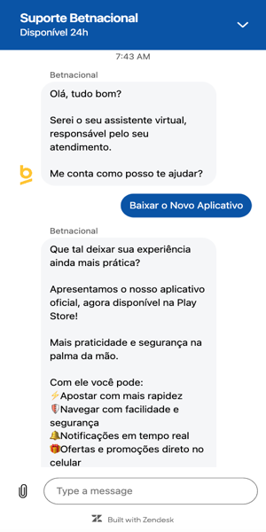 Imagem do atendimento ao cliente iniciado via chatbot na Betnacional
