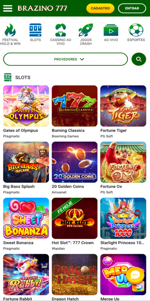 Imagem inicial do catálogo de jogos de slots disponível na Brazino777