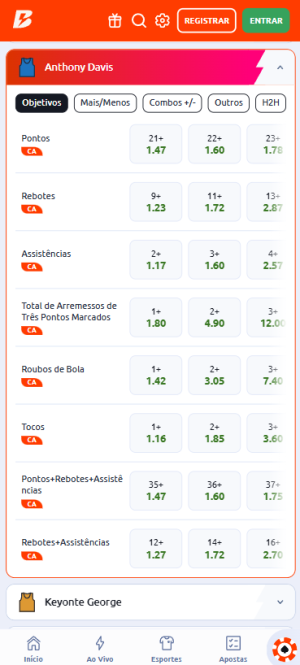 Apostas disponíveis no jogador Anthony Davis em uma partida de NBA na Betano