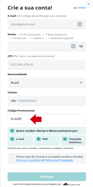 Imagem com a tela de cadastro e campo para inserir o código promocional Novibet