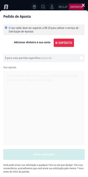 Imagem do recurso "Pedido de Aposta" para qualquer jogo que ainda não esteja ao vivo