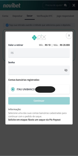 Imagem do processo de saque via Pix na Novibet