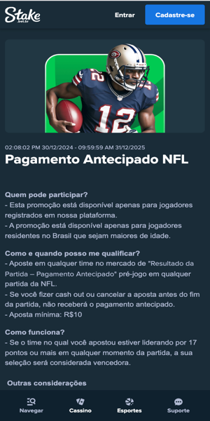 Imagem da p&aacute;gina da promo&ccedil;&atilde;o "Pagamento Antecipado NFL" na Stake.