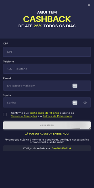 Imagem do processo de cadastro com cupom Bet7K