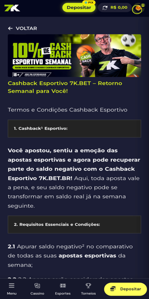 p&aacute;gina da promo&ccedil;&atilde;o cashback semanal em apostas na Bet7K
