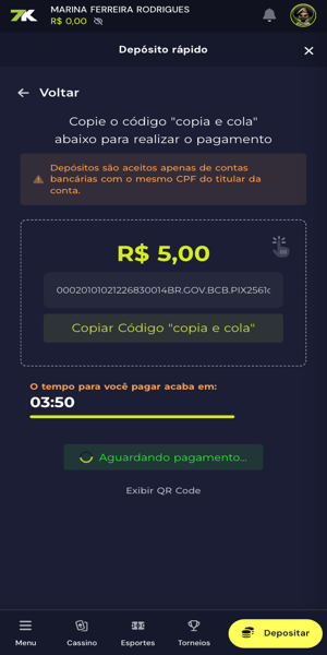 Imagem do processo de dep&oacute;sito via Pix na Bet7K