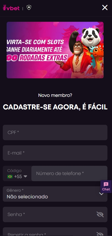 Formul&aacute;rio de cadastro na Vbet com campos de informa&ccedil;&otilde;es pessoais e c&oacute;digo de indica&ccedil;&atilde;o