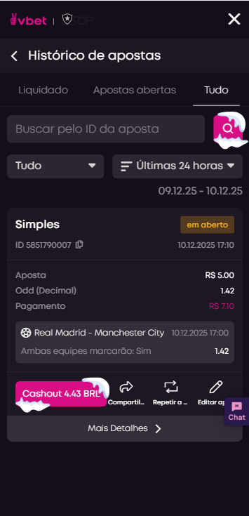  Cashout dispon&iacute;vel para aposta em Ambos Marcam na partida Real Madrid x Manchester City
