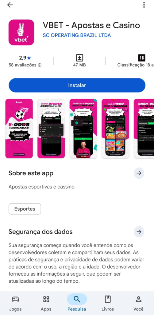 P&aacute;gina do app Vbet na Play Store para download
