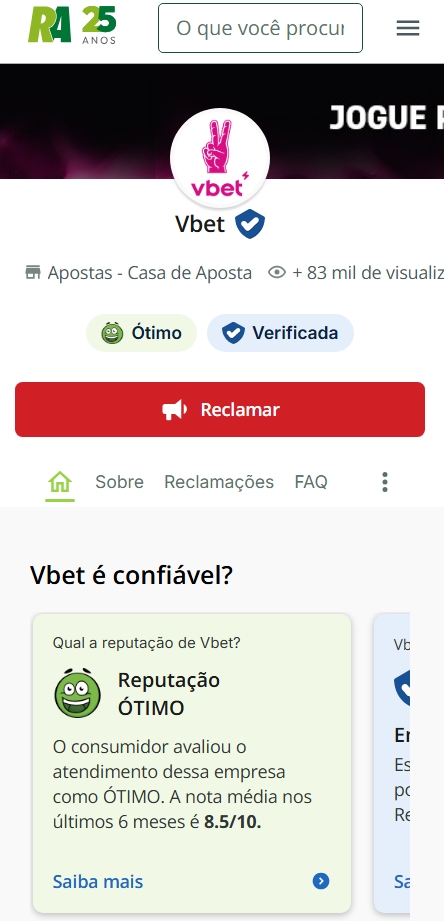 P&aacute;gina da Vbet no Reclame Aqui com Reputa&ccedil;&atilde;o &Oacute;tima
