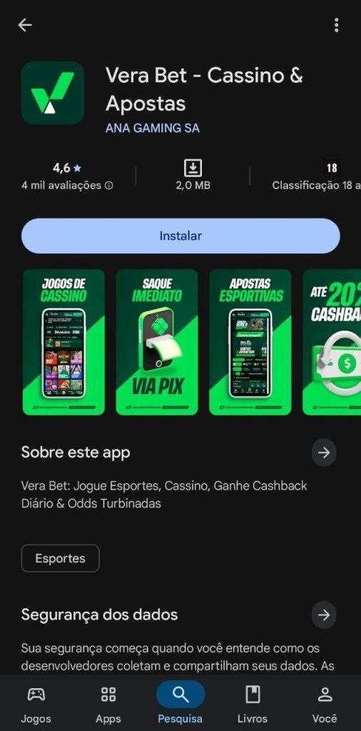 P&aacute;gina do app Verabet para download na Google Play
