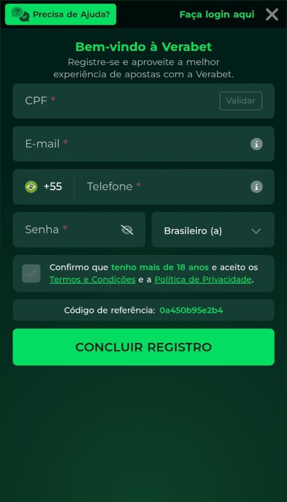 Formul&aacute;rio de cadastro no site Verabet
