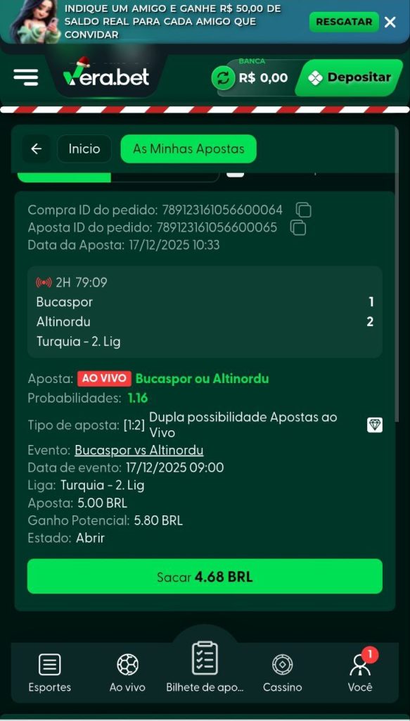 Tela de apostas abertas com cash out Verabet
