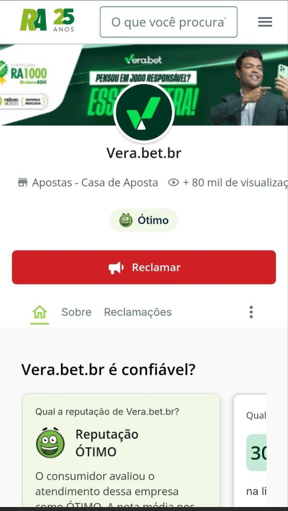 Selo RA1000 e reputa&ccedil;&atilde;o da Verabet no Reclame Aqui

