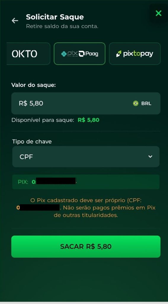 Tela de saque via Pix na Verabet
