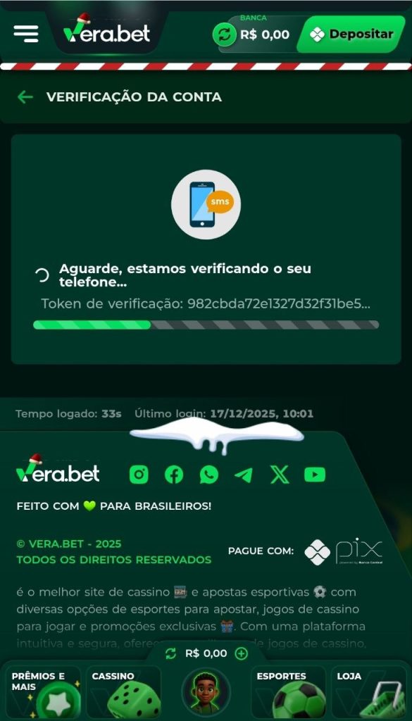 Verifica&ccedil;&atilde;o de conta por SMS no Vera Bet