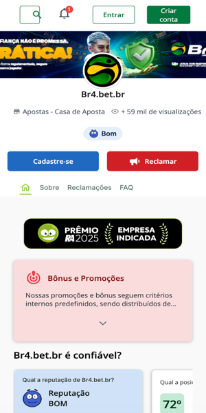 P&aacute;gina da Br4Bet no Reclame Aqui