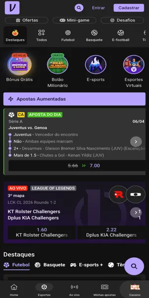 Imagem da p&aacute;gina principal de apostas na Vupi