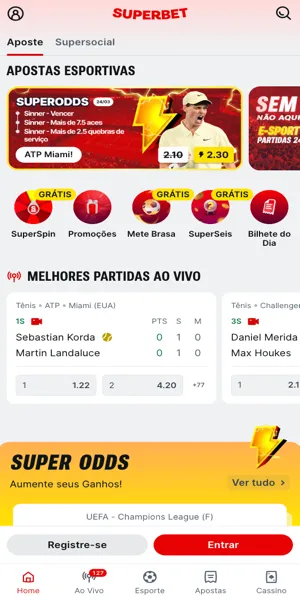 Imagem da p&aacute;gina inicial da Superbet com apostas esportivas 