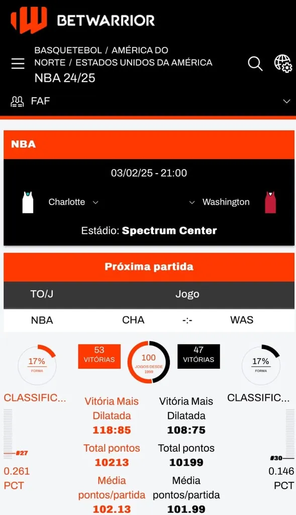 Tela com um exemplo do que podemos encontrar na opção "Centro de Estatísticas" para a NBA.