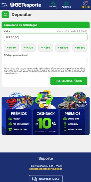 Imagem com processo de dep&oacute;sito via Pix na BETesporte